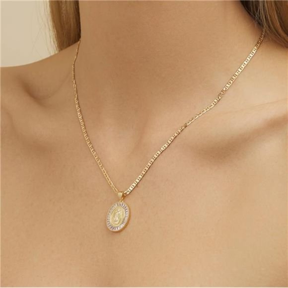 18K Gold Plated Chain Necklace With Cubic Zirconia Virgin Mary Charm Pendant - Picture 9 of 9